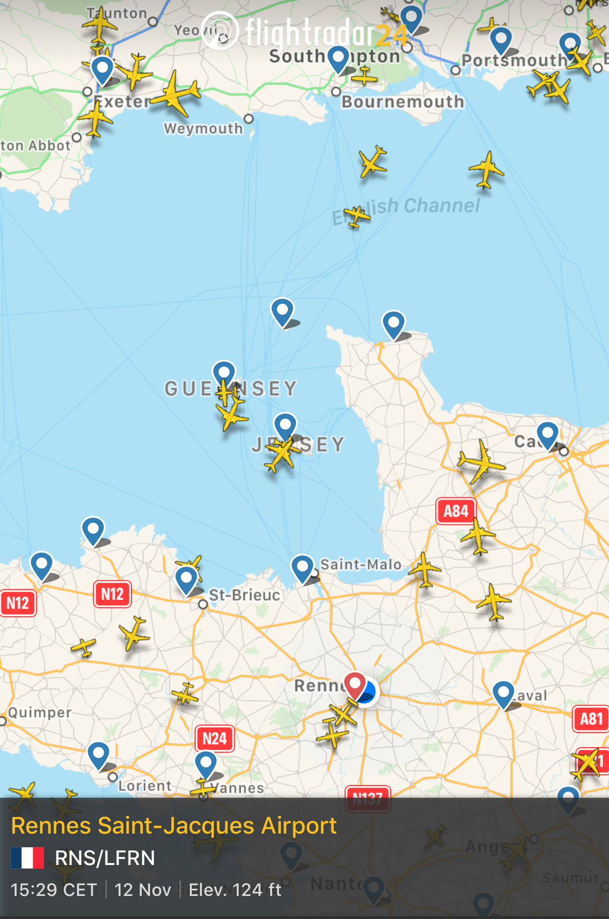 Map airports Rennes, Jersey, Guernsey and Portsmouth